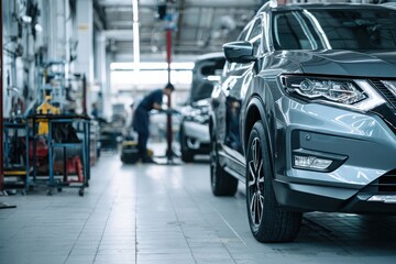 Modern car being serviced in a clean, well-lit automotive workshop auto service garage, showcasing maintenance, diagnostics, and mechanical repair environment.