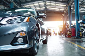 Modern car being serviced in a clean, well-lit automotive workshop auto service garage, showcasing maintenance, diagnostics, and mechanical repair environment.