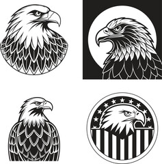 Four Graphic Eagle Head Designs Black and White Vector Illustrations Featuring Bold Lines and Patriotic Imagery
