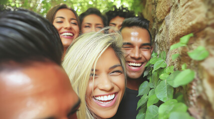 group of diverse friends laughing outdoors, natural light