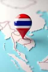 Thai national flag pin on Thai map. Religion, and monarchy of Thailand. Travel, cultural, educational, or national celebration themes