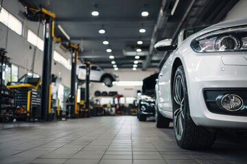 Modern car being serviced in a clean, well-lit automotive workshop auto service garage, showcasing maintenance, diagnostics, and mechanical repair environment.