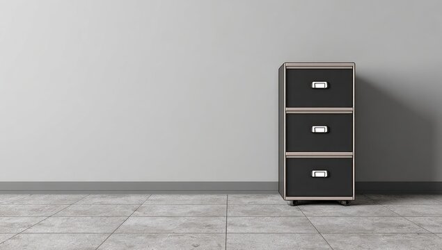 Three-drawer file cabinet against a light gray wall