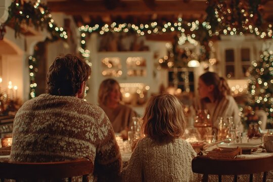 Cozy family celebrates Christmas dinner under the soft glow of holiday lights. Ideal for promoting holiday gatherings and family moments during festive season.
