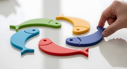 Hand placing the final piece in a circular puzzle of colorful fish, symbolizing teamwork, connection, and cycles