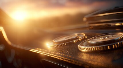 Close-up of vintage car dashboard controls at sunset.  Golden light highlights circular knobs