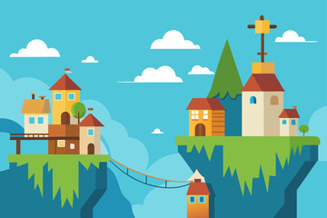 A vector illustration of a medieval castle on a green hill with a small village and church in the summer landscape