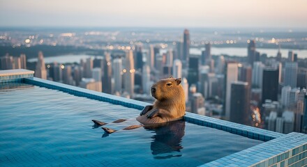 Obraz premium A capybara relaxes in an infinity pool overlooking a sprawling cityscape at dusk, enjoying the urban view.