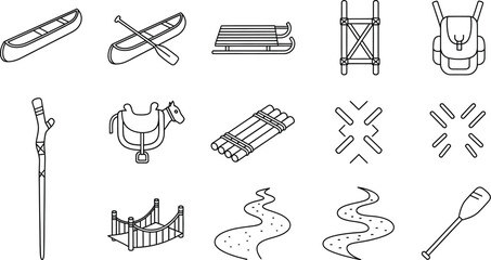 Vector art of set of outdoor equipment drawings isolated on white background, adventure and travel concept