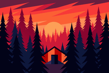 Fototapeta premium Winter forest landscape with Christmas trees under a sunset sky, a festive vector illustration for a holiday card