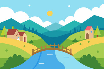 Fototapeta premium Green cartoon countryside with a winding road through grassy hills under a blue summer sky