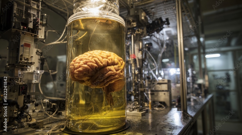 Aufkleber cryogenically preserved brain in fluid, surrounded by advanced neurology research instruments in a l