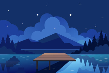 Fototapeta premium A stunning winter night landscape with a snow-covered bridge, illuminated by the light of the moon and stars in the dark sky