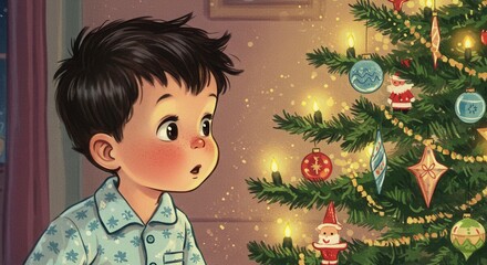 Child admiring Christmas tree decorations with surprise on festive night