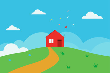 Fototapeta premium Summer rural landscape with a small house on a hill with a sun, green grass, trees and clouds