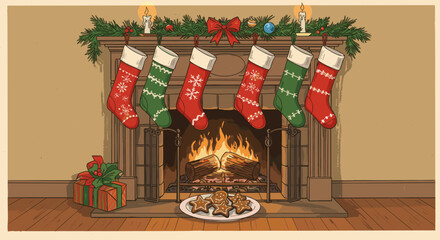 Vector Christmas postcard featuring a cozy fireplace with stockings, gifts, and gingerbread cookies, warm colors, copy space
