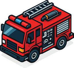 Isometric illustration of a red fire truck with a ladder on top, viewed from a high angle.