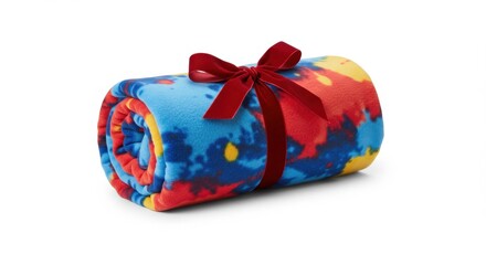 Colorful rolled fleece blanket tied with red ribbon on white background with copy space
