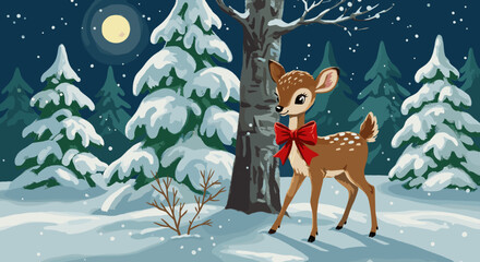 Vector Christmas postcard featuring a charming fawn with a red bow in a snowy landscape, night scene, copy space
