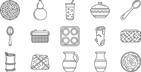 Vector art of kitchen utensils and containers icons, featuring jars, bottles, and tableware isolated on white background