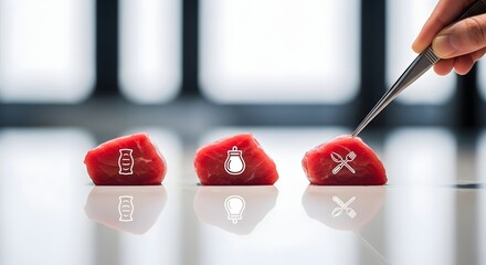 Futuristic food science concept showing the journey of lab-grown meat from DNA modification to culinary preparation