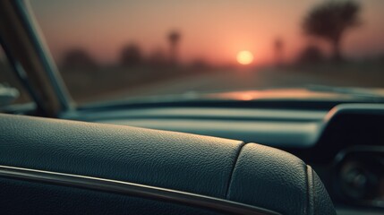 Vintage car interior, sunset view