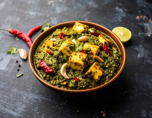 Authentic Palak Paneer: Creamy Spinach Curry with Paneer Cubes, Garlic, Chili, and Lime Garnish