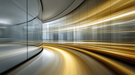 Curved, modern, mirrored hallway with motion blur
