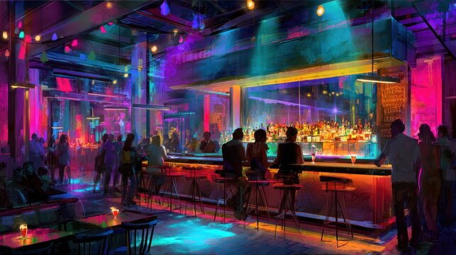 Vibrant, colorful illustration of a busy bar scene, glowing lights, people enjoying themselves