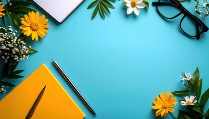 Creative workspace setup for productivity home office visual content bright environment overhead view inspiration