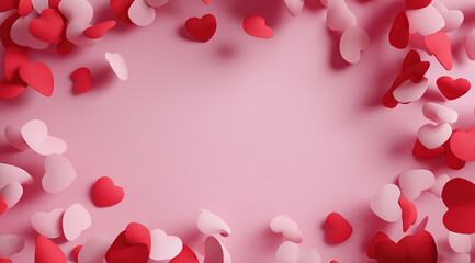 Scattered pink and red hearts create romantic Valentine's Day atmosphere