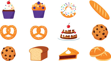 Vector art of assortment of delicious pastries and baked goods isolated on white background
