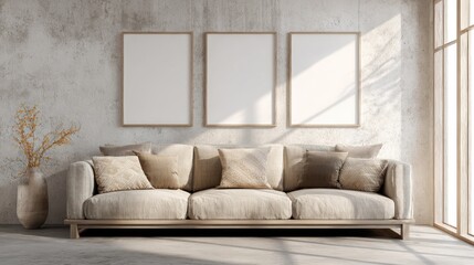 Brightly lit living room with sofa, framed prints, vase, and large window
