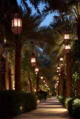 Fototapeta premium Palm-lined walkway at twilight, ornate lamps