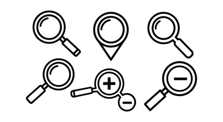 Vector art of a Magnifying Glass Icons: Search, Zoom, Location, Plus, Minus;  Bold Outline Style;  Clean, Modern Design.