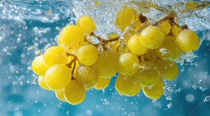 A bunch of yellow grapes submerged in water with splashes and bubbles
