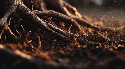 Close-up of gnarled tree roots emerging from rich brown earth