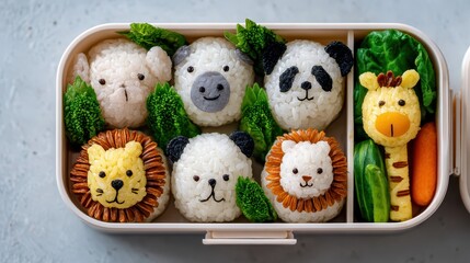 Adorable animal shaped rice balls in a bento box