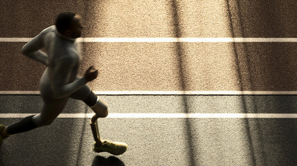 athlete with prosthetic leg running on track, morning light