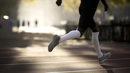 athlete with prosthetic leg running on track, morning light