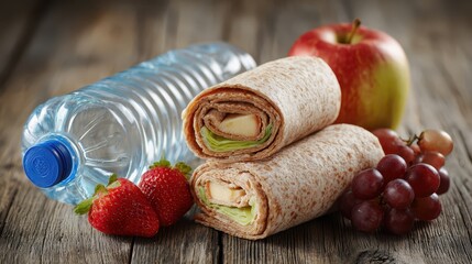 Healthy school lunch with whole grain wrap and fresh fruit