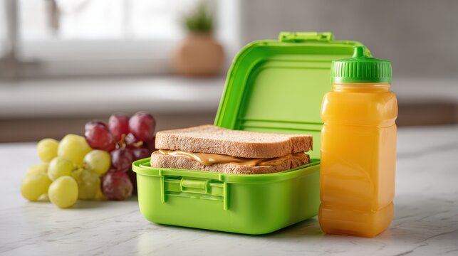 Healthy packed lunch box with sandwich and fruit