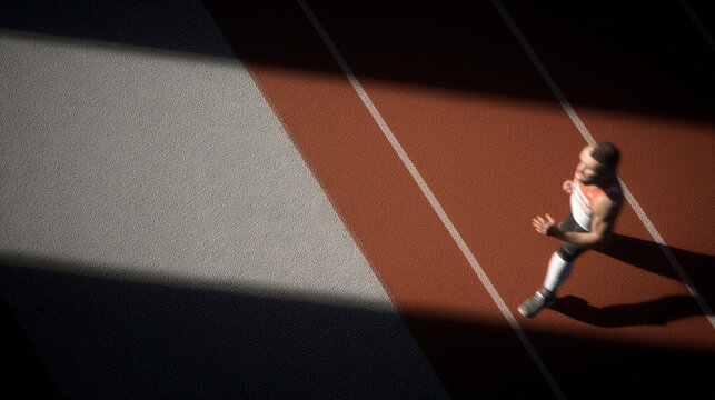 athlete with prosthetic leg running on track, morning light