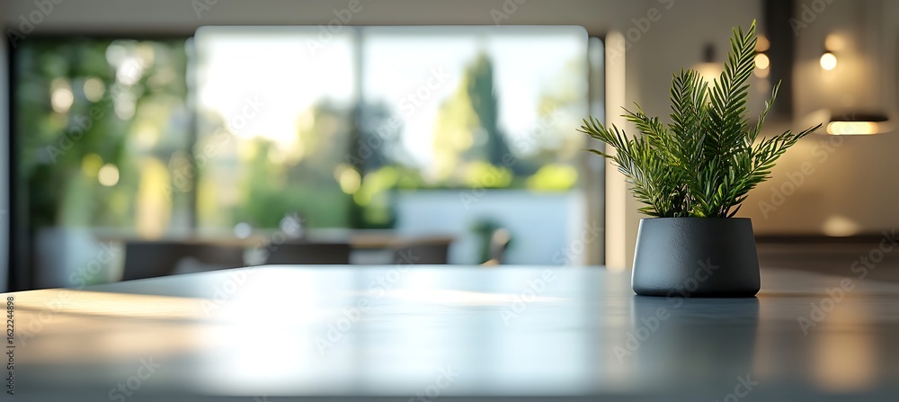 Aufkleber plant in a dark pot on a counter with a blurred background of trees and a building visible outside