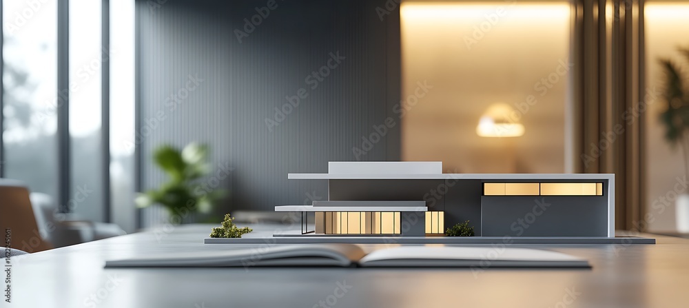 Poster architectural model of a modern house on a table with a book in a bright office setting displayed