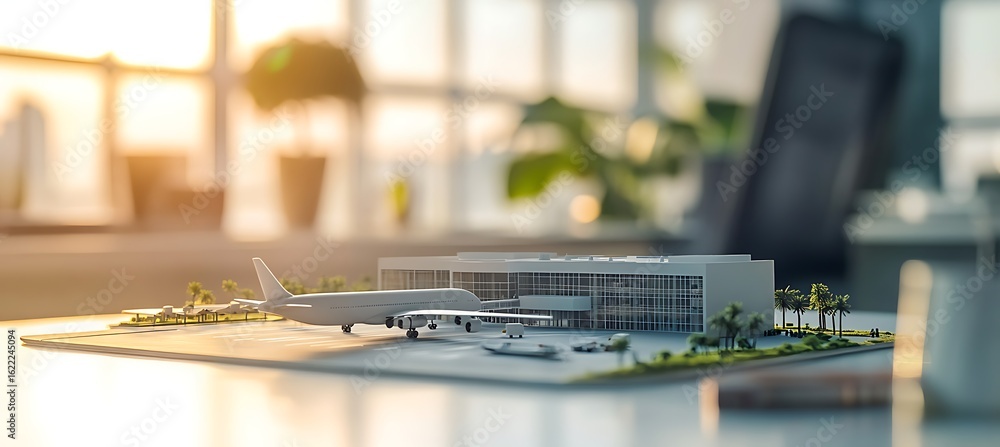 Poster scale model of an airport with an airplane and terminal building on a table near a window with sunli