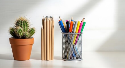 Cactus and colorful pens on a white desk with soft sunlight