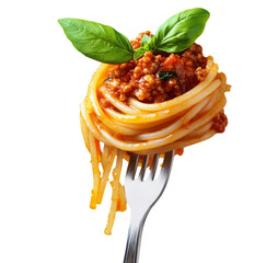 Delicious spaghetti bolognese pasta wrapped on a fork with fresh basil garnishing transparent background