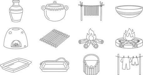 Vector art of set of traditional cooking utensils, isolated on white background, in a rustic style