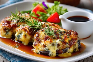 Stuffed eggplant with melted cheese and herbs